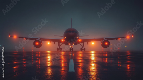 Commercial aircraft parked at the airport ready for takeoff. Airplane on the airfield at night. Business flight. Traveling along the destination route. Minimalistic photo.