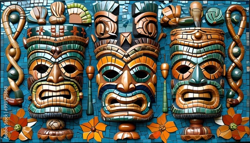 Enchanting Mosaic of Mystical Tiki Masks