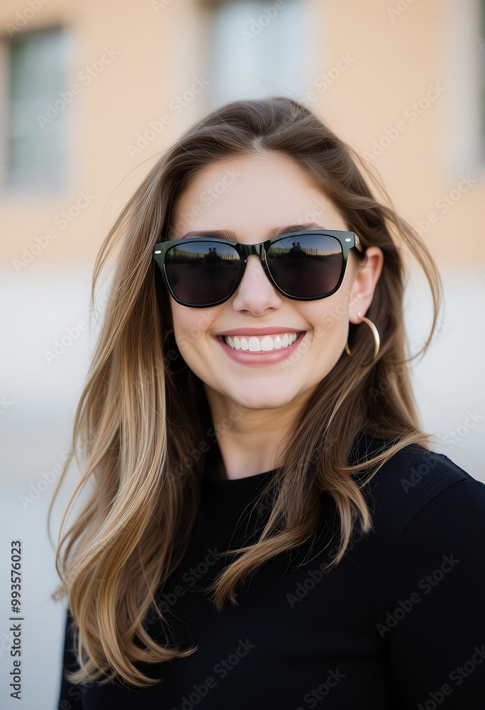 A beautiful young woman wearing sunglasses smiles for the camera A beautiful young woman wearing sunglasses smiles for the camera