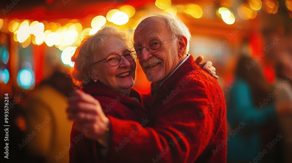 Obraz premium Joyful Elderly European Couple Dancing Energetically at Lively Social Event Engrossed in Music Celebration