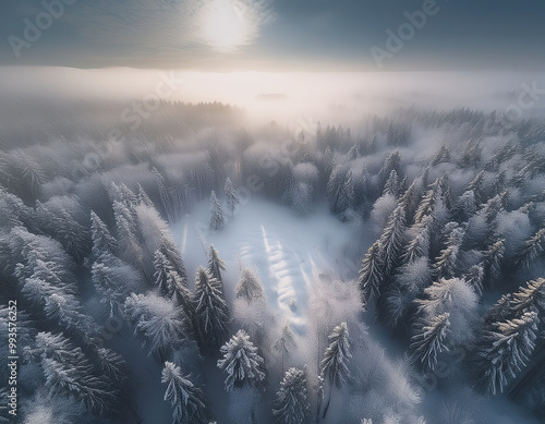 Epische Winterlandschaft eines Waldes von oben, mit KI generiert photo