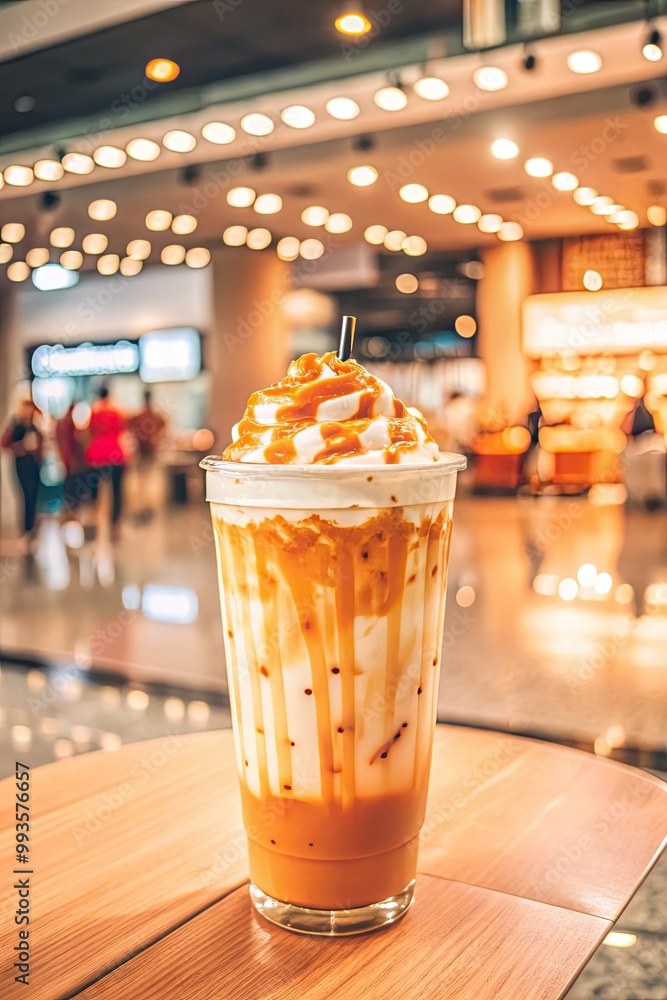 Creamy caramel iced coffee in a bustling cafe. Creamy caramel iced coffee in a bustling cafe.