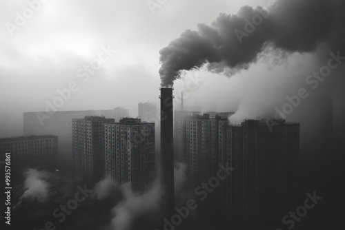 Smog-Filled Cityscape with Towering Chimney