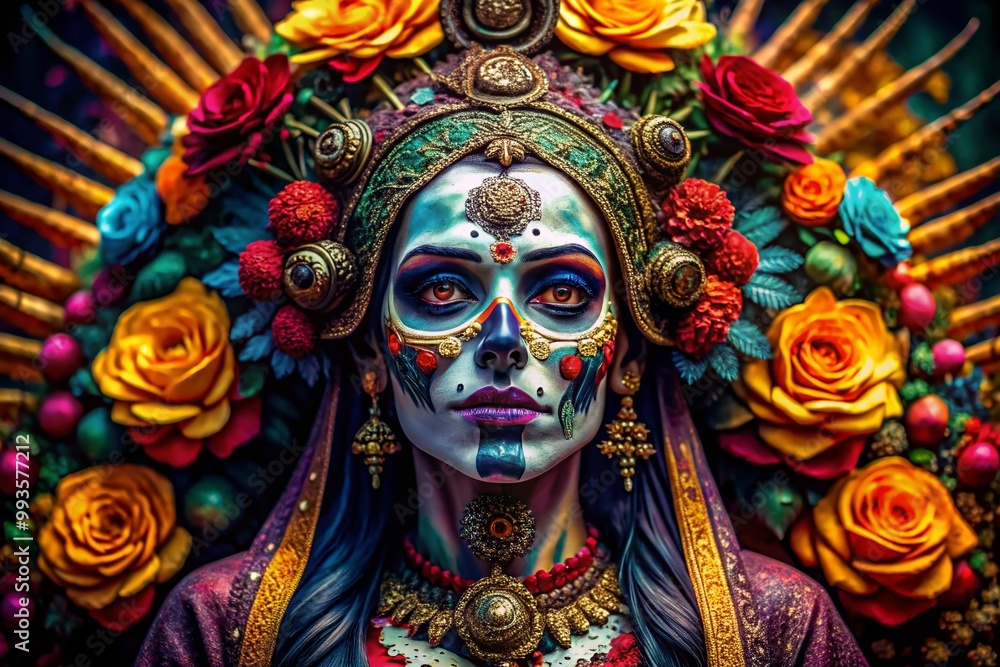 Naklejka premium Stunning Santa Muerte 4K Wallpaper Featuring Vibrant Colors and Intricate Design Elements