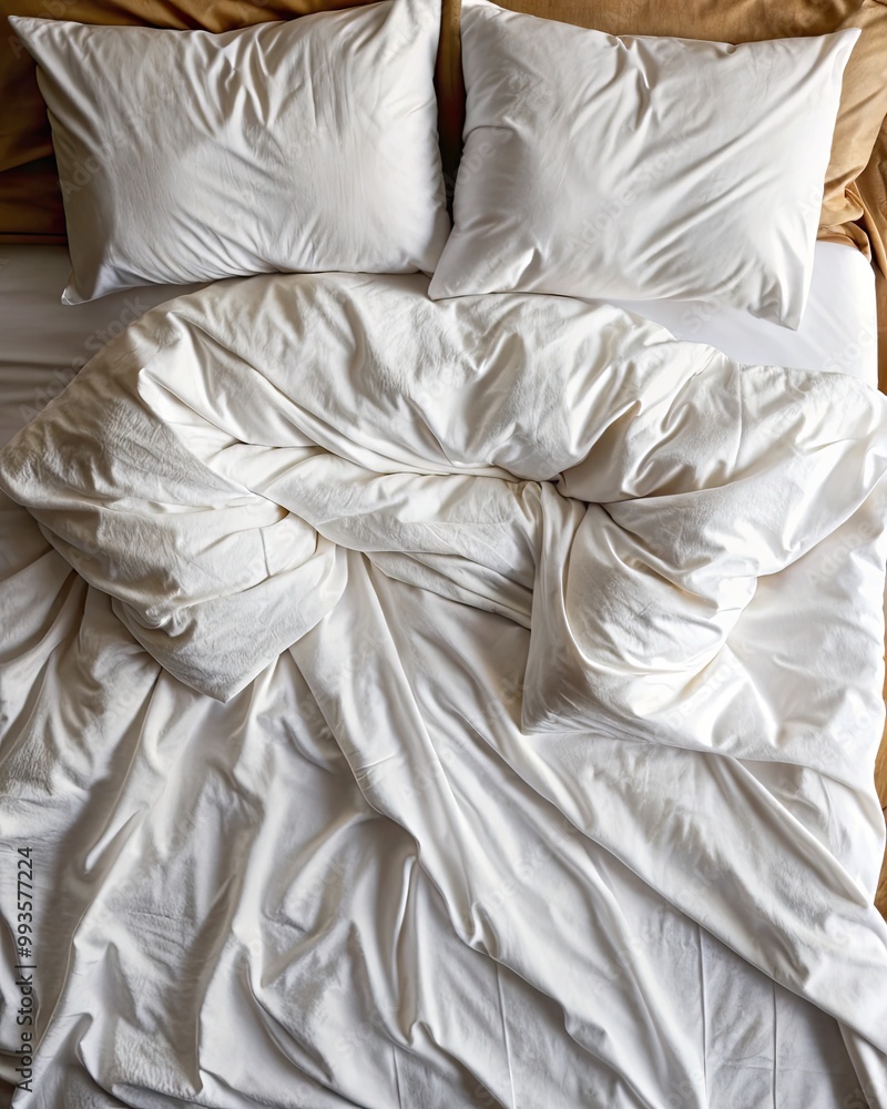 Crisp white pillows and sheets on a cozy bed. Crisp white pillows and sheets on a cozy bed.