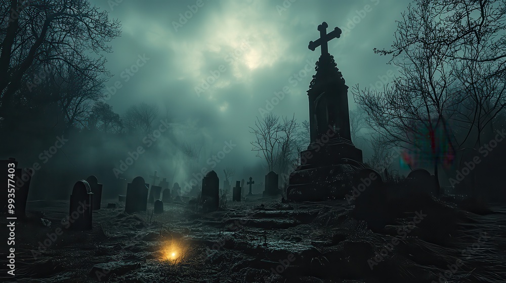 Mysterious Graveyard Under Foggy Night Sky Mysterious Graveyard Under Foggy Night Sky