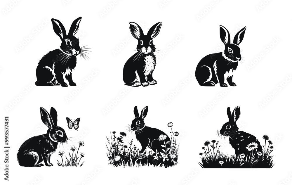 Obraz premium Set of rabbits in various poses, detailed vector illustration. Black and white designs of bunnies in natural settings with flowers and butterflies.