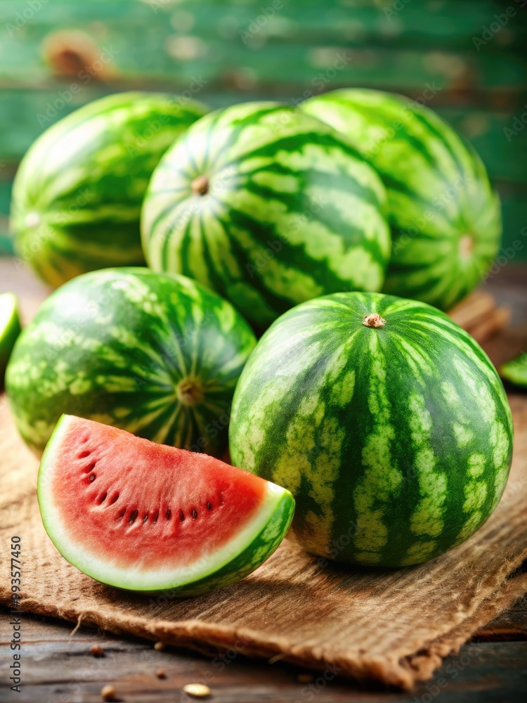 Fresh watermelons displayed on a rustic wooden table. Fresh watermelons displayed on a rustic wooden table.