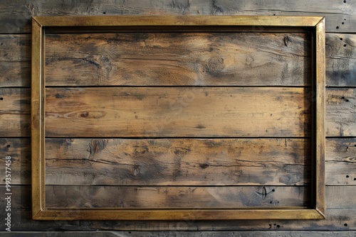 A rugged wooden plank wall with a tarnished brass frame, the empty middle creating a rustic vibe  photo