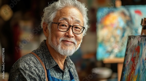 Intellectually curious Asian senior enrolled in an art class focused on their painting