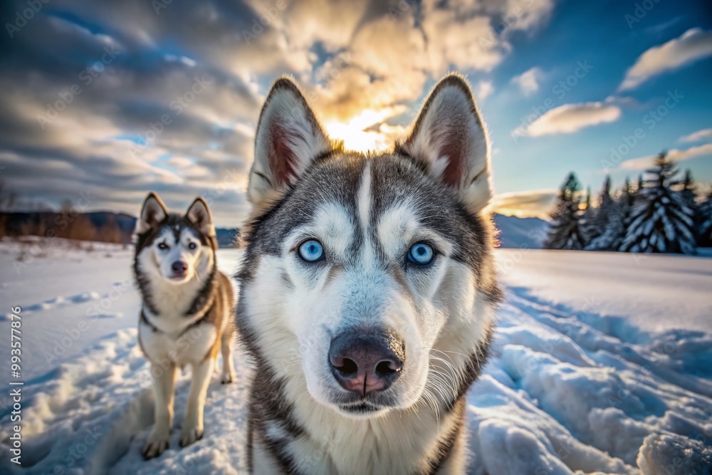Fototapeta premium Stunning Siberian Huskies with Striking Blue Eyes Posing Together in a Snowy Winter Landscape