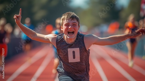 Young adult with Down Syndrome participating in a Special Olympics track and field event crossing the finish line triumphantly