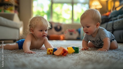 Child with Down Syndrome playing imaginatively with their sibling lost in a world of make-believe photo