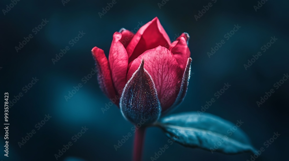 Fototapeta premium A single red rose bud in bloom against a dark background.