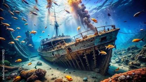 Stunning Underwater Image of Titanic Shipwreck on Ocean Floor Surrounded by Marine Life and Debris photo