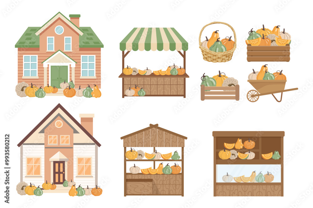 Obraz premium Set of autumn decorative elements with pumpkins. Houses, street stalls, boxes, basket and wheelbarrow with pumpkins. Collection of cute illustrations