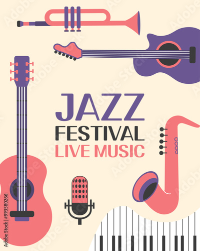 Jazz poster background template for music festival with guitar, saxophone, trumpet, piano keys. Event flyer design. Vintage retro style illustration