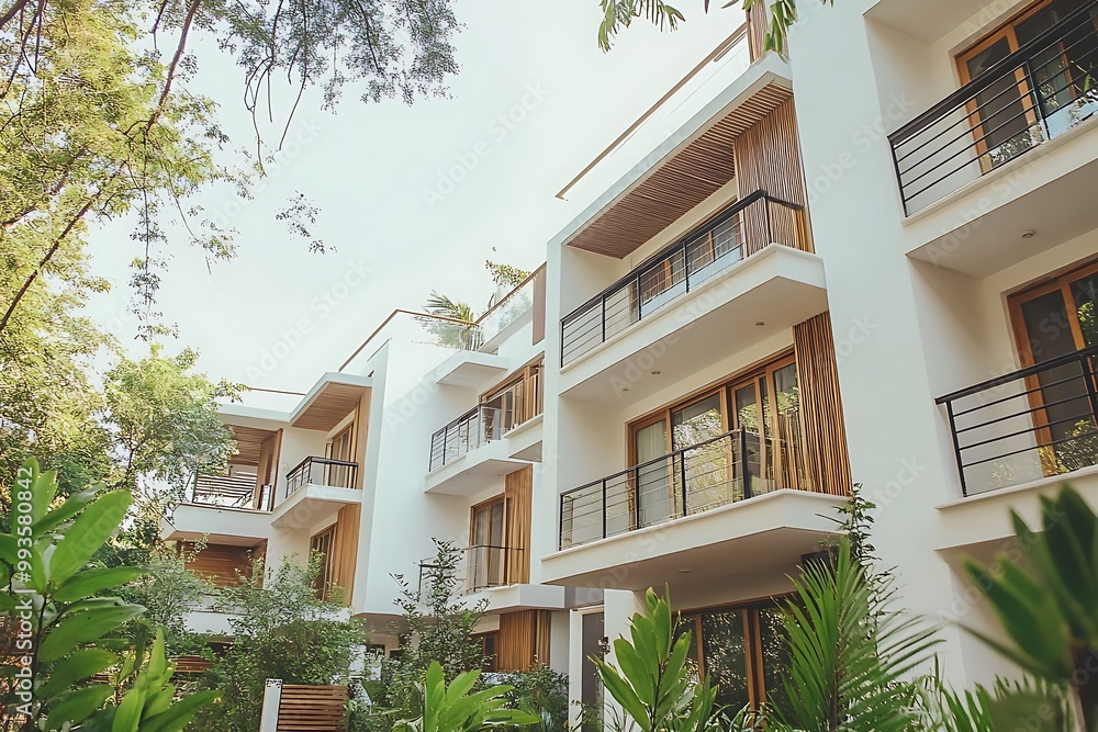 Fototapeta premium Modern White Building with Balcony and Wooden Accents