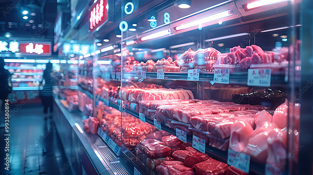 Meat aisle with various cuts displayed in a refrigerated grocery section. close-up of a meat fridge in a grocery store filled with various cuts of fresh meat various cuts of beef, pork and other meats Meat aisle with various cuts displayed in a refrigerated grocery section. close-up of a meat fridge in a grocery store filled with various cuts of fresh meat various cuts of beef, pork and other meats
