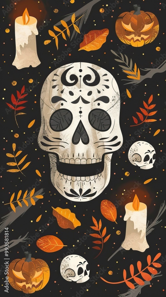 Flat lay Vector Illustration Halloween slate decoration with skull, Happy Hallowee Flat lay Vector Illustration Halloween slate decoration with skull, Happy Hallowee