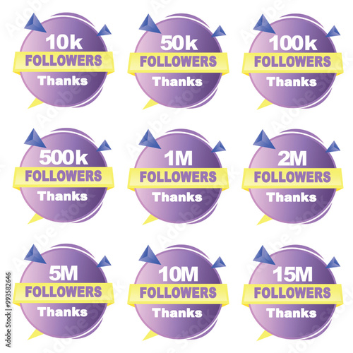 10k 50k 100k 500k 1M 2M 5M 10M and 15M Social Media Follower Badge celebration post set vector with purple color theme