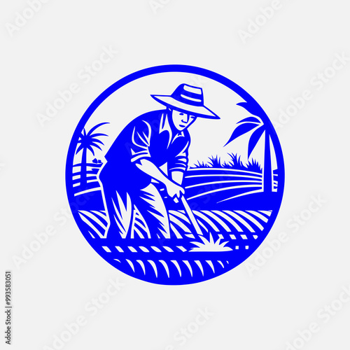 Hand drawn farmer working in rice field image. Flat line vector illustration on white background.