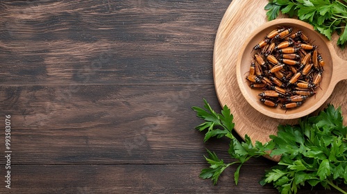 Savory Roasted Crickets on Rustic Platter - Eco-Friendly Protein Snack with Fresh Herbs for Sustainable Eating Enthusiasts