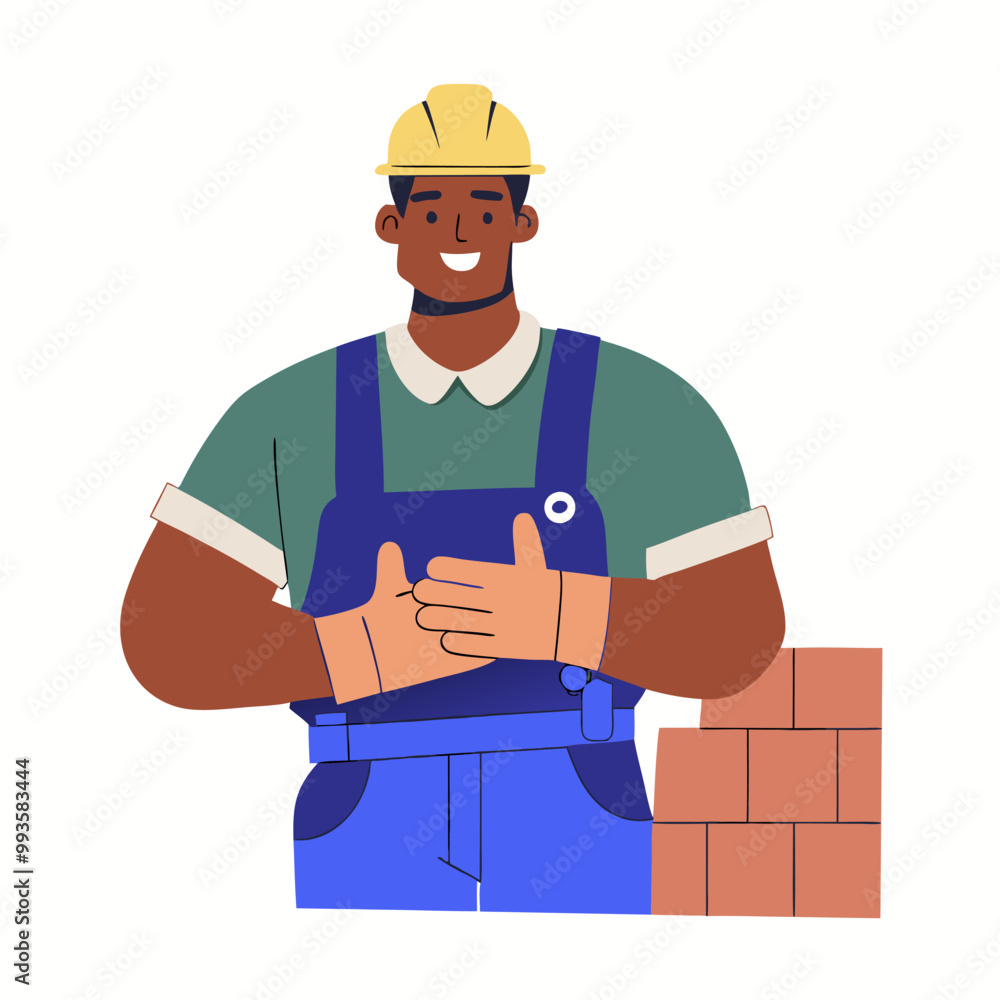 Smiling builder in a blue jumpsuit. Flat vector illustration on white background. Smiling builder in a blue jumpsuit. Flat vector illustration on white background.