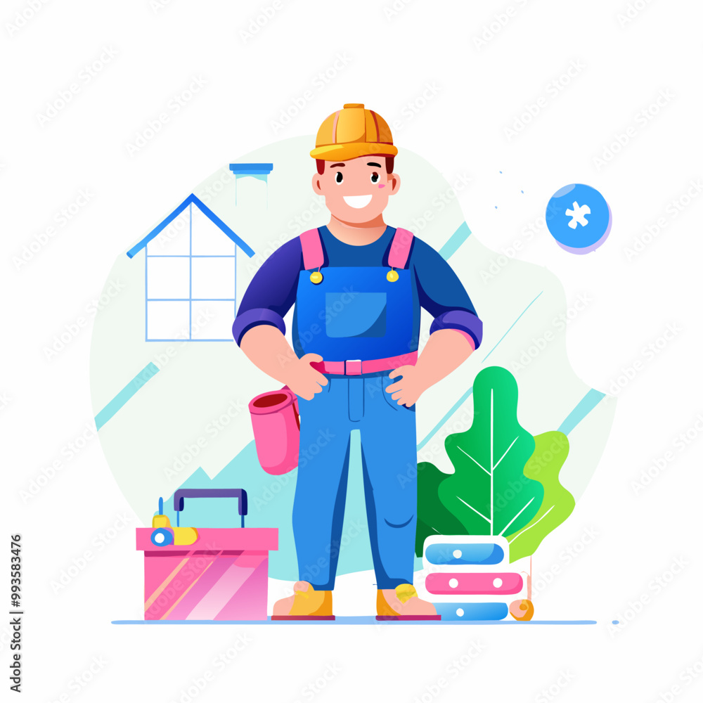 Smiling builder in a blue jumpsuit. Cartoon style. Vector illustration. Smiling builder in a blue jumpsuit. Cartoon style. Vector illustration.