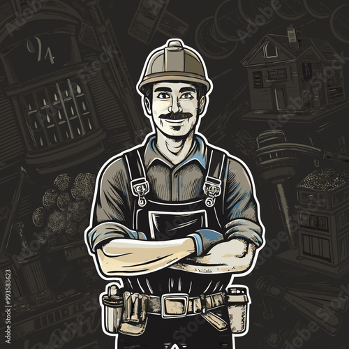 Hand drawn a builder in uniform image. Vintage style. Vector illustration.
