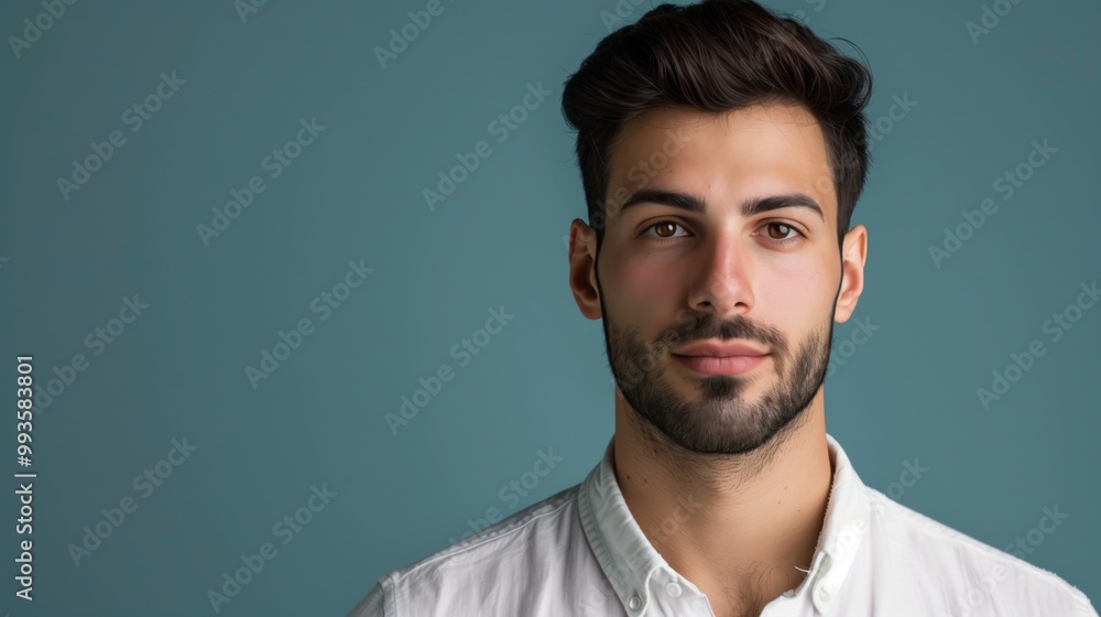Obraz premium Professional Headshot of Young Man with Dark Hair in White Shirt on Blue Background