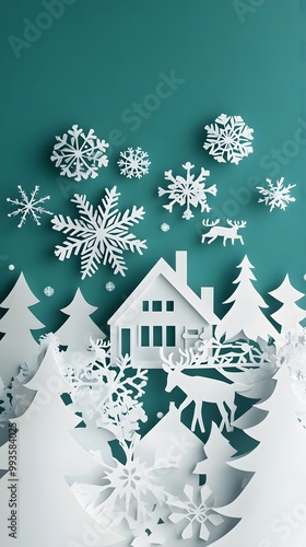 A paper cutout Christmas background with houses, reindeer, and snowflakes