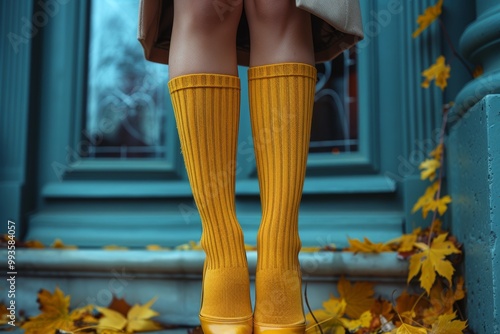 Whimsical outdoor close up of women s legs in chic beige pumps and bright yellow knee socks photo