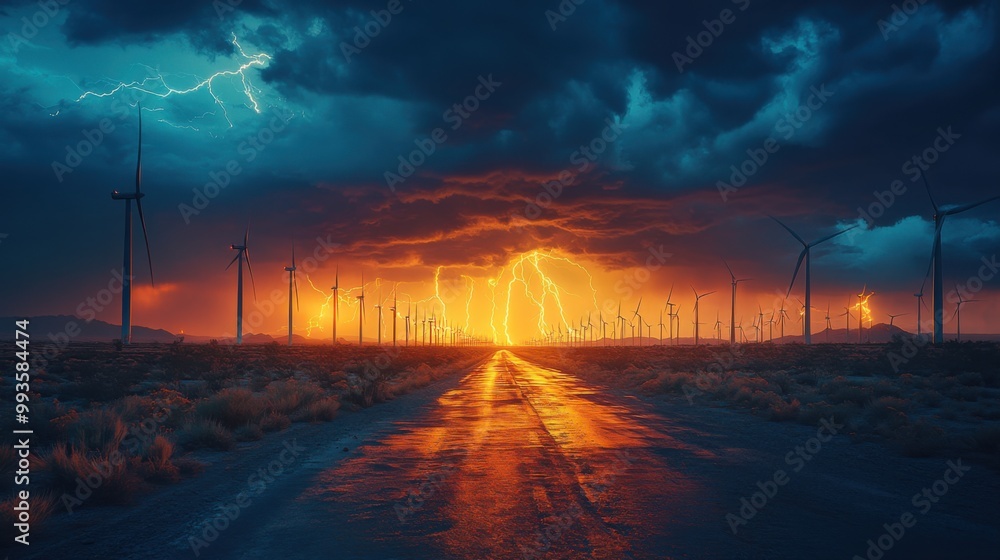 Wind Farm Under a Dramatic Lightning Storm Wind Farm Under a Dramatic Lightning Storm
