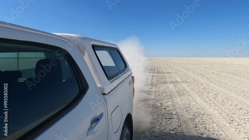 Allradwagen fährt über die Makgadikgadi-Salzwüste in Botswana und wirbelt dabei Staub hinter sich auf