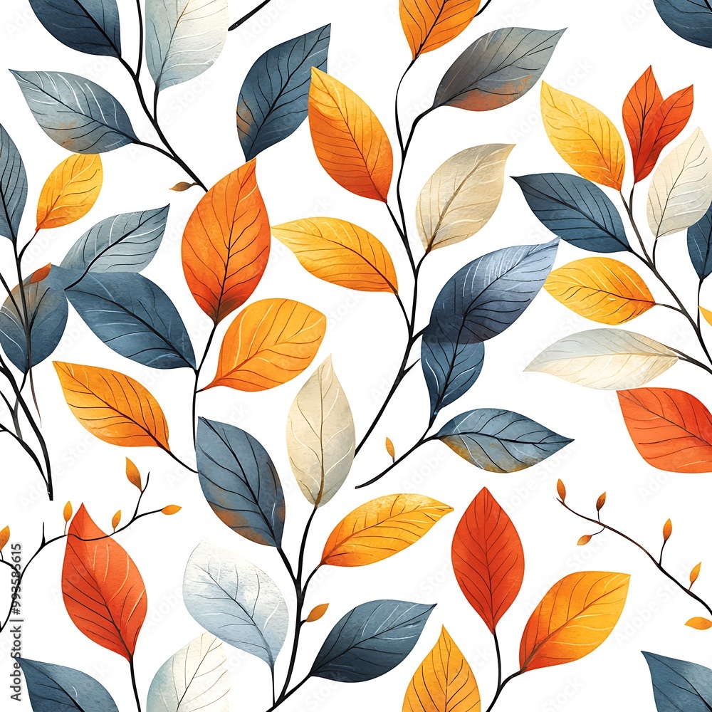 Fototapeta premium A seamless pattern of watercolor autumn leaves creates a tapestry of fall foliage.