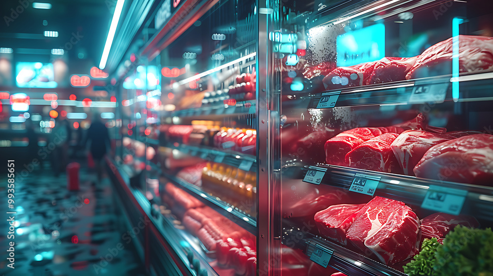 Meat aisle with various cuts displayed in a refrigerated grocery section. close-up of a meat fridge in a grocery store filled with various cuts of fresh meat various cuts of beef, pork and other meats Meat aisle with various cuts displayed in a refrigerated grocery section. close-up of a meat fridge in a grocery store filled with various cuts of fresh meat various cuts of beef, pork and other meats