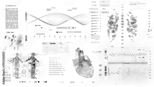 DNA Medical HUD monitoring. MRI x ray CT Scan.Futuristic Technological Interface. Sceleton,white background