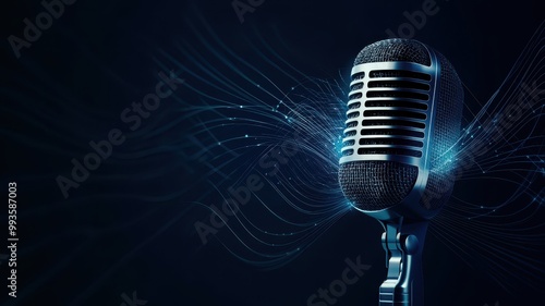 A close-up of a vintage microphone against a dark background, illuminated by digital waves, representing sound, music, or broadcasting.