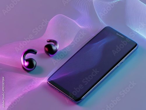 A sleek smartphone and stylish wireless earbuds with a vibrant, colorful background, showcasing modern technology. photo