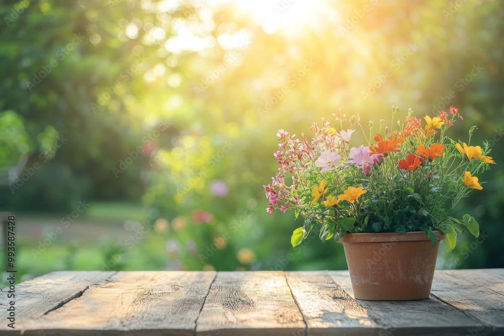 A beautiful flower pot sits on a wooden table in a vibrant garden. The sunlight bathes the scene in warmth. Perfect for nature lovers and gardeners. Generative AI A beautiful flower pot sits on a wooden table in a vibrant garden. The sunlight bathes the scene in warmth. Perfect for nature lovers and gardeners. Generative AI