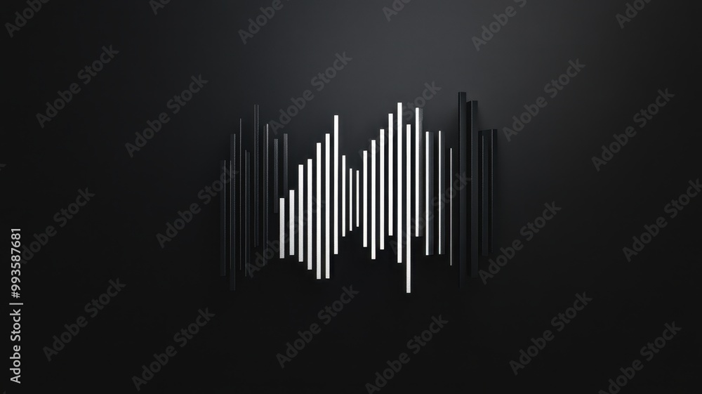 A minimalistic soundwave design featuring vertical white lines on a dark background. A minimalistic soundwave design featuring vertical white lines on a dark background.