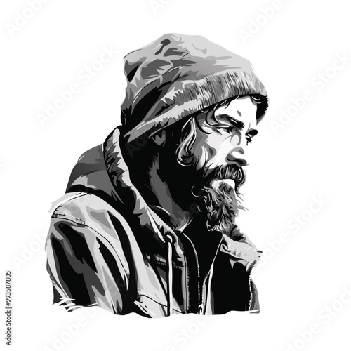Homeless man in winter clothing with beanie and beard, vector illustration. Black and white portrait of a pensive human looking down.