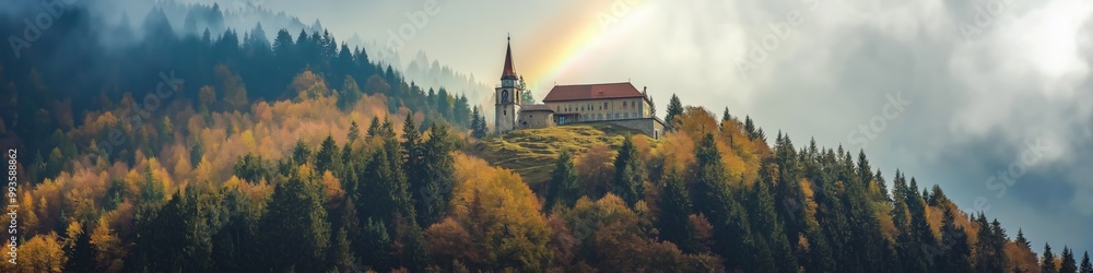 Fototapeta premium A beautiful mountain landscape with a red and white building in the distance. The sky is cloudy and the sun is shining through the clouds