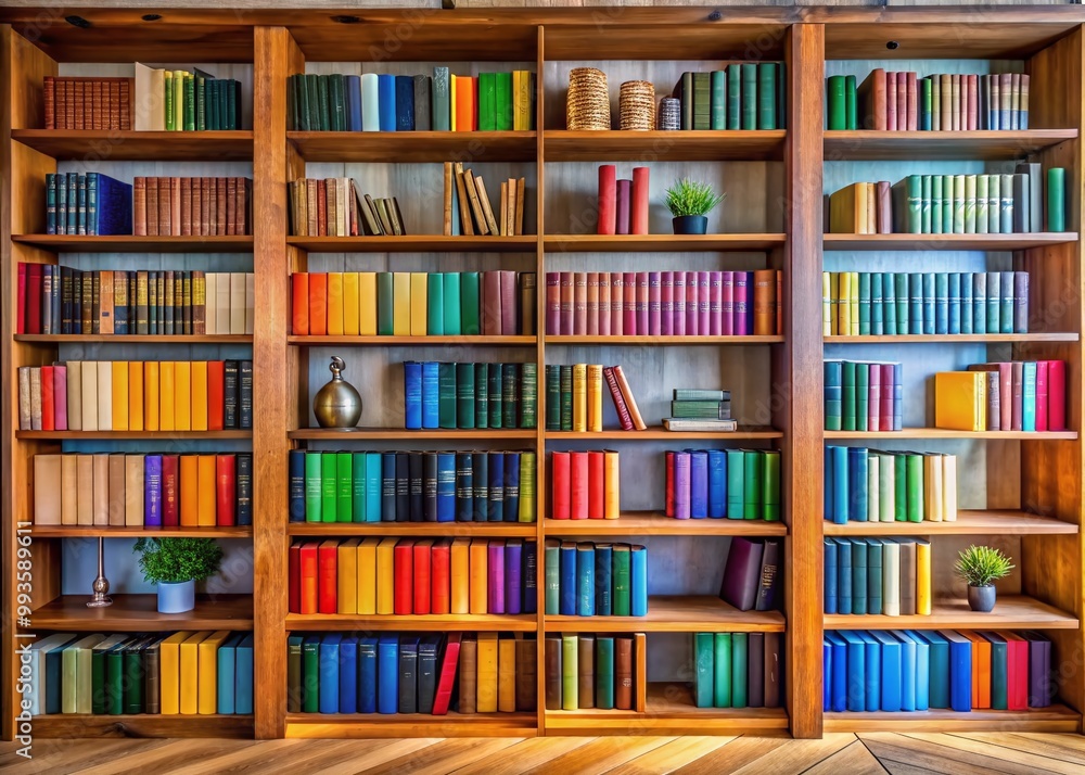 Stylish Wooden Shelves Displaying a Variety of Colorful Books in a Modern Home Interior Setup Stylish Wooden Shelves Displaying a Variety of Colorful Books in a Modern Home Interior Setup