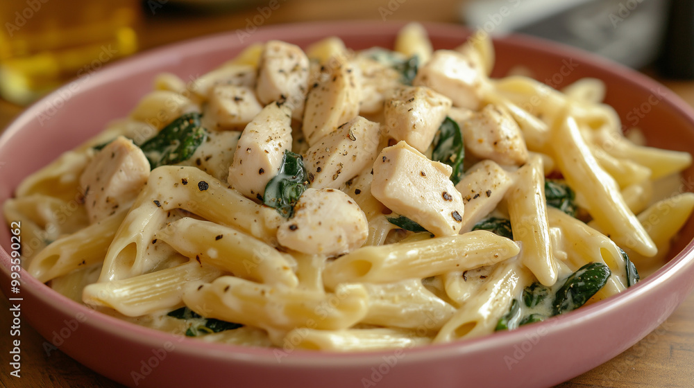 Creamy Chicken and Spinach Pasta in a pink plate on a dinner table. The chicken is diced. The pasta is penne pasta. Creamy Chicken and Spinach Pasta in a pink plate on a dinner table. The chicken is diced. The pasta is penne pasta.