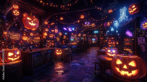 Festive Halloween Pumpkin Decorations in Cozy Bar