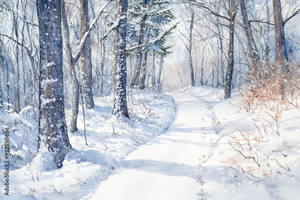 Fototapeta premium A serene winter pathway surrounded by snow-covered trees, inviting exploration in a tranquil, snowy landscape.