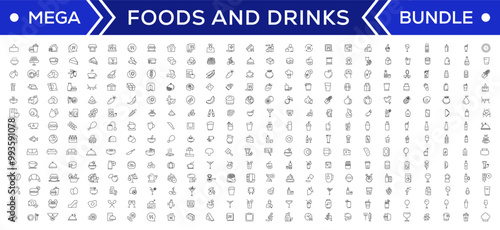 Food and drink icon collection set. Thin outline icons. Meat, milk, noodle, soup, bread, egg, cake, sweets, fruits, vegetables, drinks, nutrition, pizza, fish, sauce, cheese icon