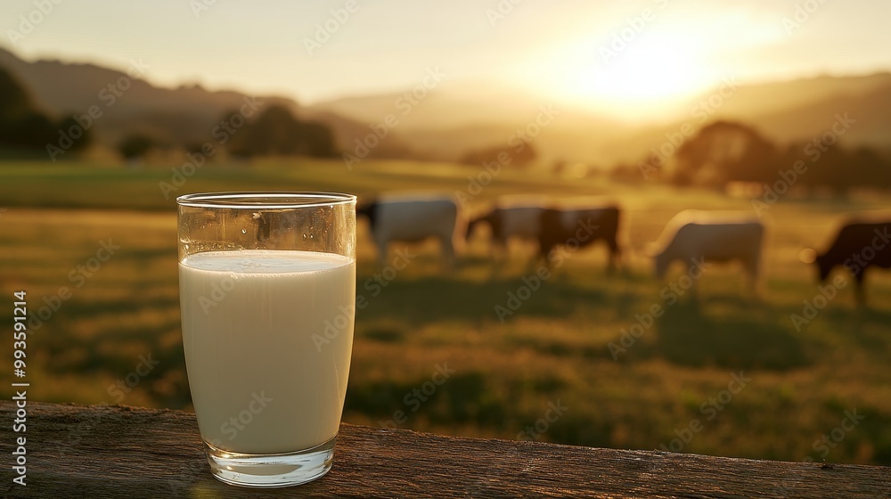 Closeup of a refreshing glass of milk on a dairy farm, with grazing cattle in the background, highlighting the farm's fresh produce and the connection between livestock and dairy products Closeup of a refreshing glass of milk on a dairy farm, with grazing cattle in the background, highlighting the farm's fresh produce and the connection between livestock and dairy products